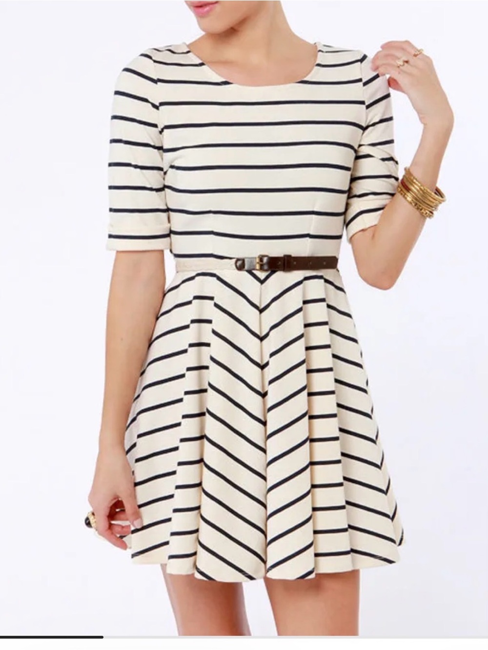 Others Follow White and black Striped Fit-and-Flare Dress